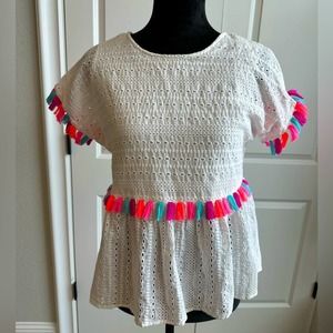 Savana Jane White Eyelet with Neon Tassel Fringe Boho Blouse